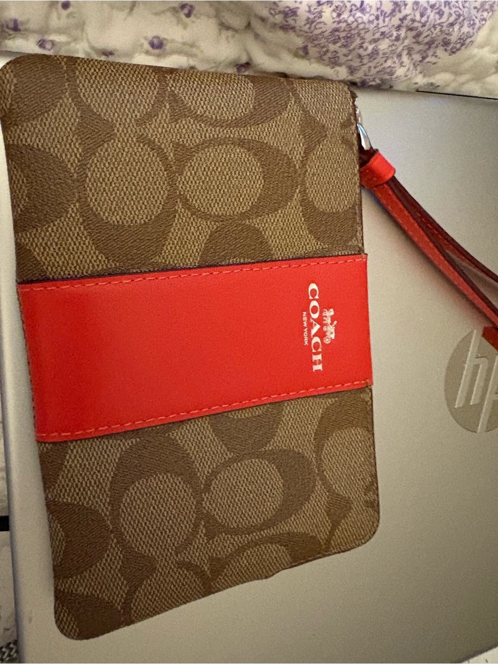 Coach Brown Signature Canvas Wristlet with Red Stripe